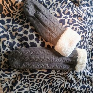 Gray Cable Knit Slipper Socks with White Fleece Lining